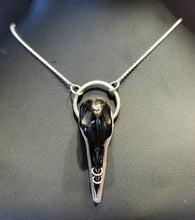 Load image into Gallery viewer, Hand carved Raven&#39;s Skull Pierced pendent set in Sterling Sliver w/18 inch Sterling Silver Chain
