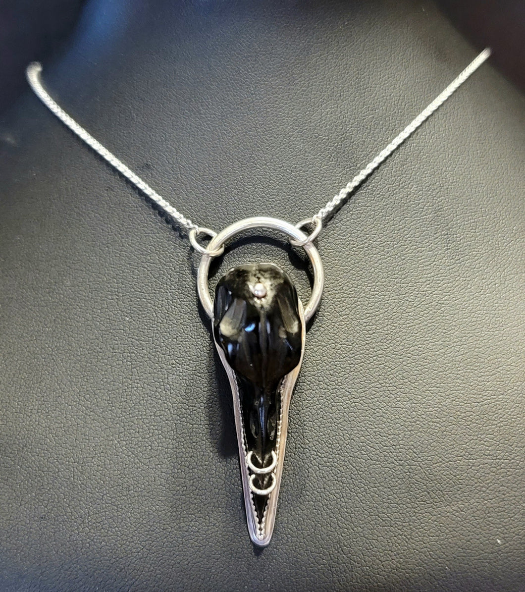 Hand carved Raven's Skull Pierced pendent set in Sterling Sliver w/18 inch Sterling Silver Chain