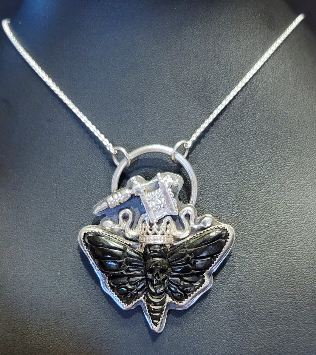 Hand carved Death Moth Pendent set in Sterling Silver w/18 inch Sterling Silver Chain