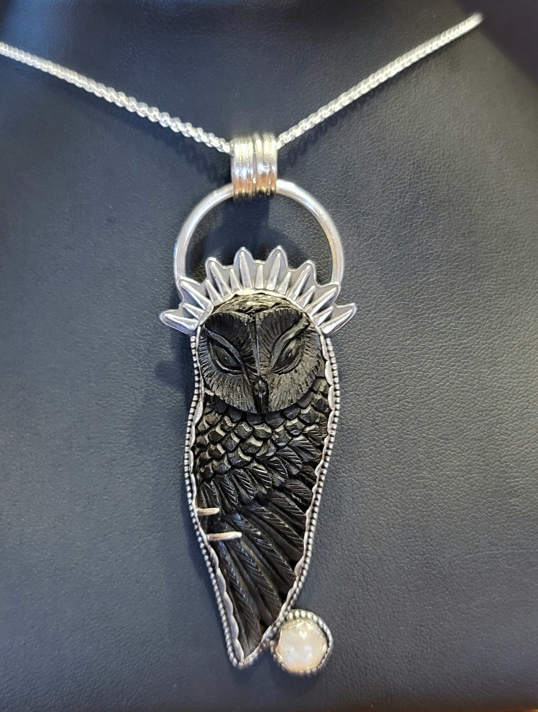 Majestic Owl Rainbow Moonstone pendent set in Sterling Silver w/ 18 inch Sterling Silver Chain