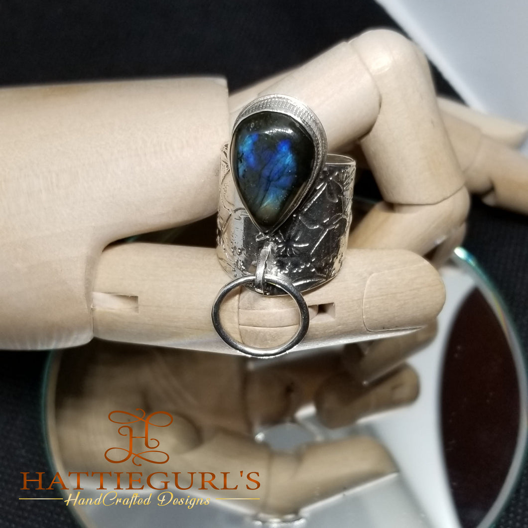 Large Labradorite Halo Ring with Textured Band