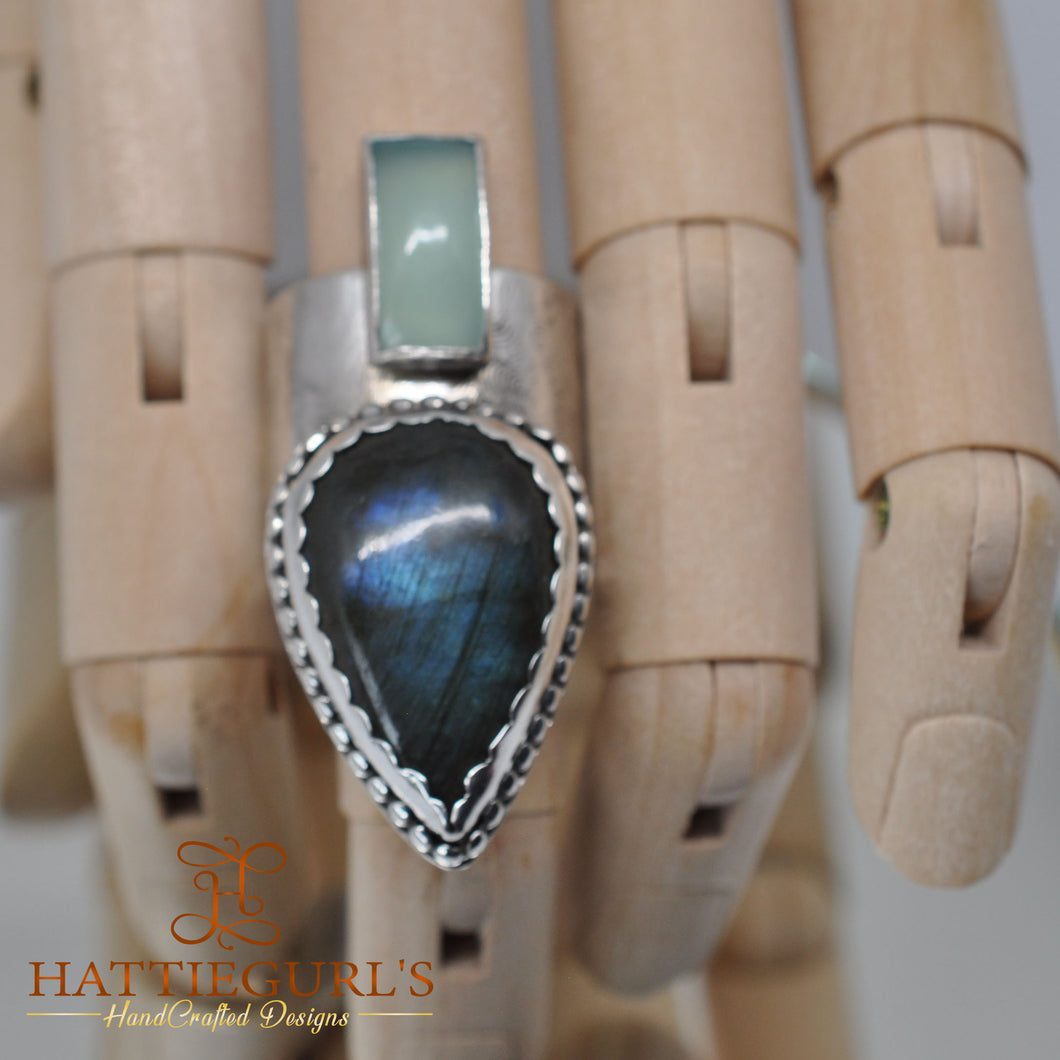 Pale Green Chalcedony & Labradorite statement ring w/ large thick textured band